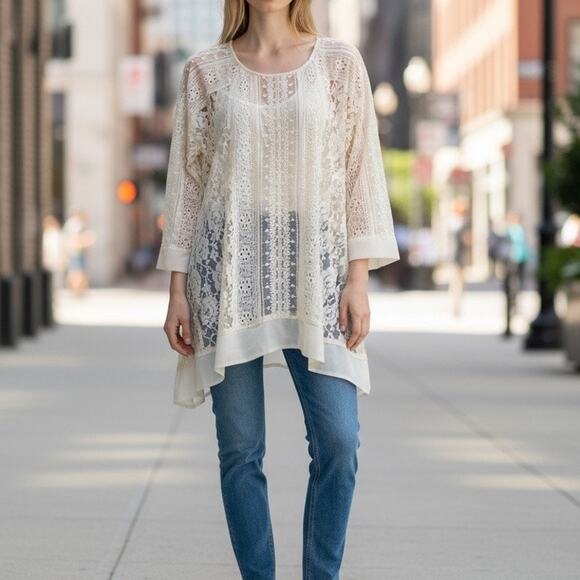 Sundance Tunic Lace Top L Nylon Blend Cream Boho Indie Chic Peasant Prairie - Picture 1 of 8